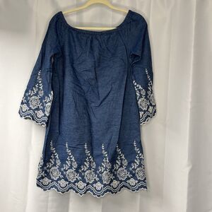 Dark Blue Denim Off-the-Shoulder Dress w/ White Embroidery and scalloped Boho M
